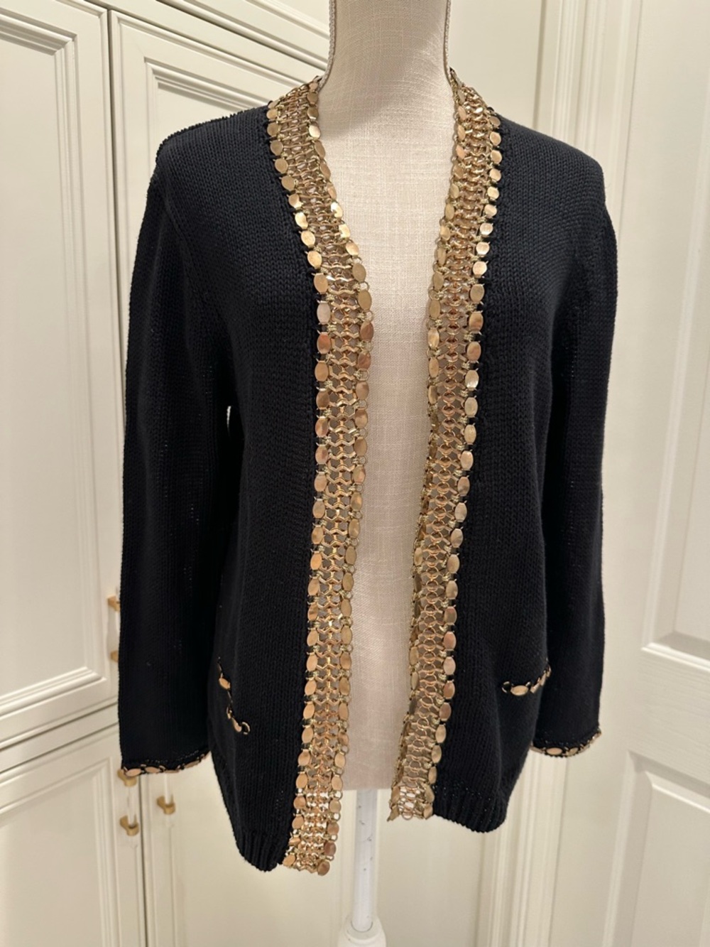 maje black knit and brass gold detail cardigan sweater
